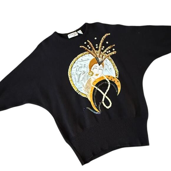 Vintage Bonnie Boerer PRÊT Art Deco Sweater Medium – Sequin Flapper Face Knit - Picture 2 of 7